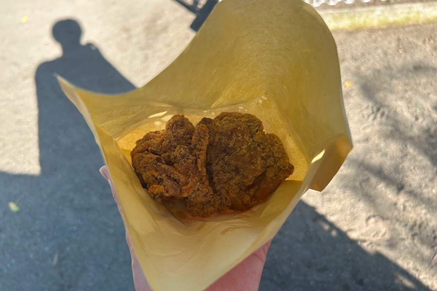 公園のベンチに座って唐揚げを食べる直前。