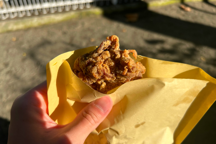 公園のベンチに座って唐揚げを食べる直前。