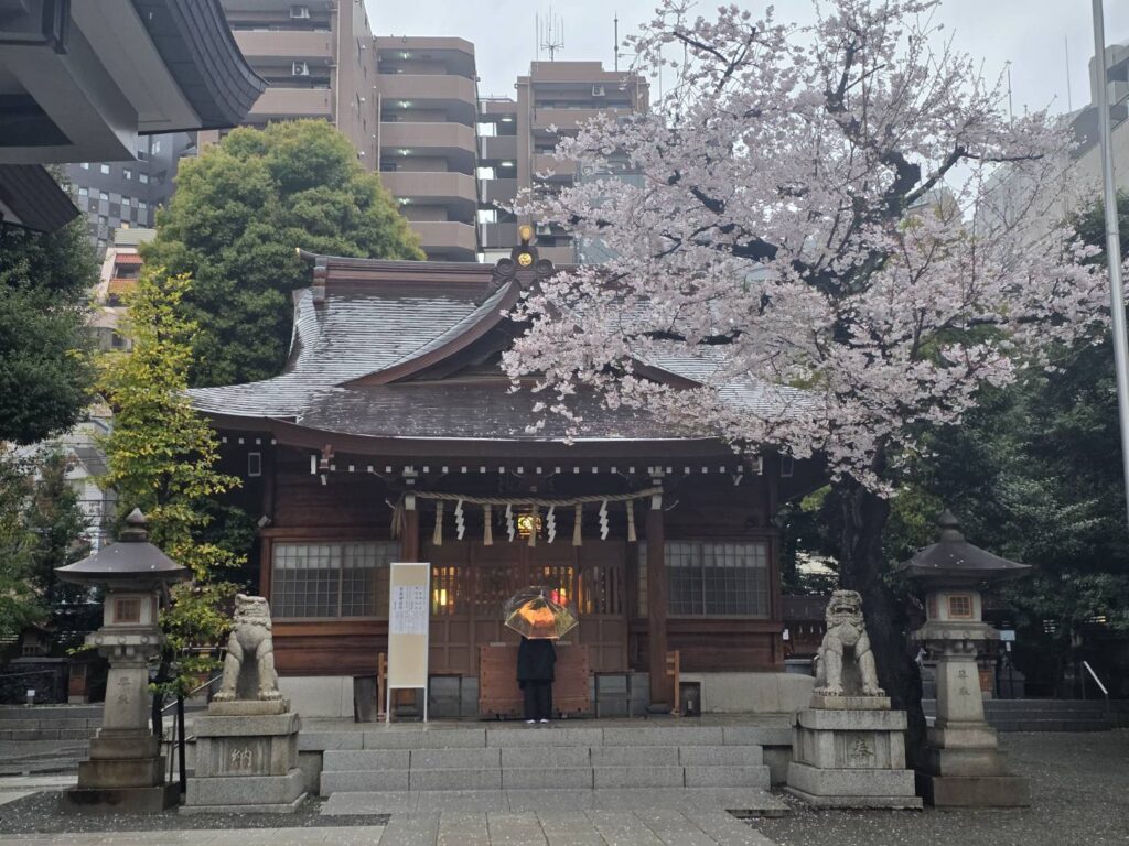 神社とその前に立つ桜の木